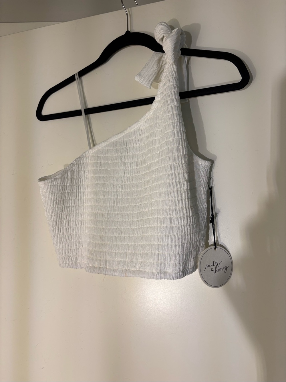 Smocked One-Shoulder White Crop Top by Priêt & Honey